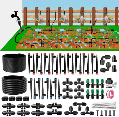 LP 240FT Drip Irrigation System Kit, Garden Watering Misting System - 40FT 1/2" Main Tube & 200FT 1/4" Distribution Tubing - Adjustable Nozzles & Sprinklers for Garden Greenhouse, Lawn, Potted Plants