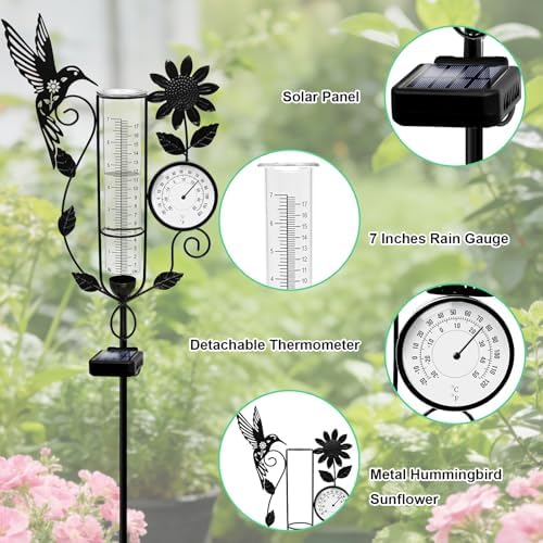 Metal Hummingbird Solar Rain Gauge Outdoor with LED Light and Thermometer