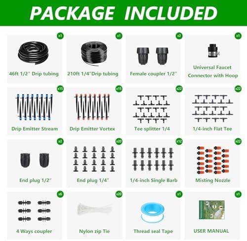 256FT Automatic Drip Irrigation System Kit,Automatic Garden Watering Misting System for Greenhouse, Yard, Plant ，Lawn with 1/2 inch Hose 1/4 inch Distribution Tubing and Accessories