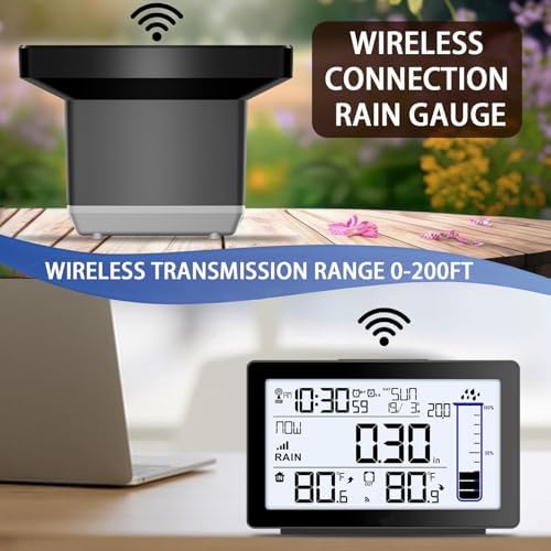 BIUWING Wireless Rain Gauge Outdoor, Self-Emptying Digital Rain Gauges Outdoors Best Rated, Electronic Rain Measure Gauge, Freeze Proof Rain Gauge with Thermometer, Remote Rain Meter for Garden