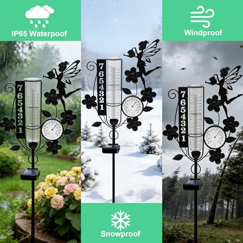 Metal Fairy Number Solar Rain Gauge Outdoor with LED Light and Thermometer