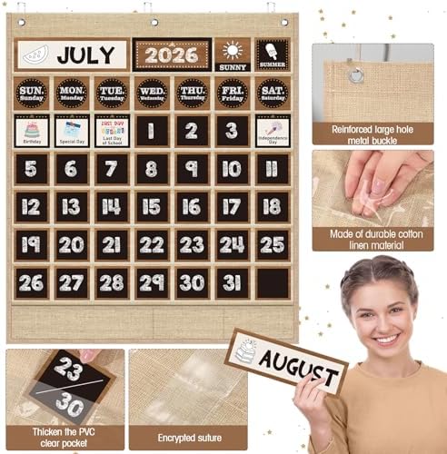Sinload Classroom Calendar Pocket Chart Linen Color, Farmhouse