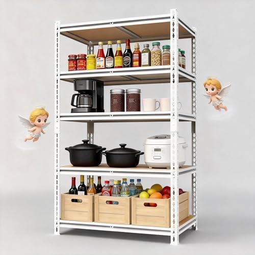 White 72"h *40.12"w*18"d Storage Shelves Shelving: Adjustable Metal+Wood 5-Heavy-Duty-Shelf (Unit)-Rack Industrial Utility Household Organizer/Systerm for Kitchen Pantry/Bedroom/Garage/Closet