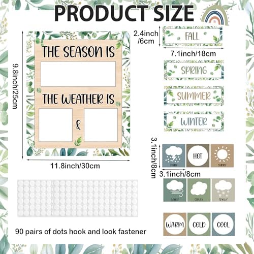 Eucalyptus Leaves Season and Weather Calendar Bulletin Board Season Calendar Posters with Weather Cards Hook and Loop Dots for Classroom Wall Decor Preschool Kindergarten Student Teacher Supplies