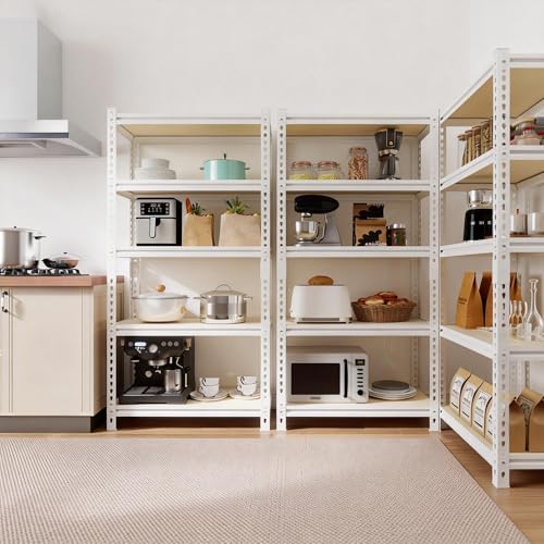 White 72"h *40.12"w*18"d Storage Shelves Shelving: Adjustable Metal+Wood 5-Heavy-Duty-Shelf (Unit)-Rack Industrial Utility Household Organizer/Systerm for Kitchen Pantry/Bedroom/Garage/Closet
