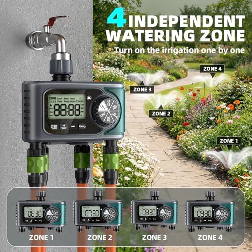 Sprinkler Timer for Outdoor Hose Faucet 4 Zone, Programmable Hose Timer with Rain Delay/Manual/Automatic Watering System, Water Timers for Garden Hose, Digital Drip Irrigation for Yard Lawn Outdoor