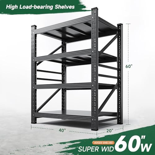 Letaya 2000LBS Storage Shelves Heavy Duty,60" H Garage Shelving, 4 Tier Adjustable Utility Display Stands,for Shop,Warehouse,Basement,Black (40" W x 20" D x 60" H)