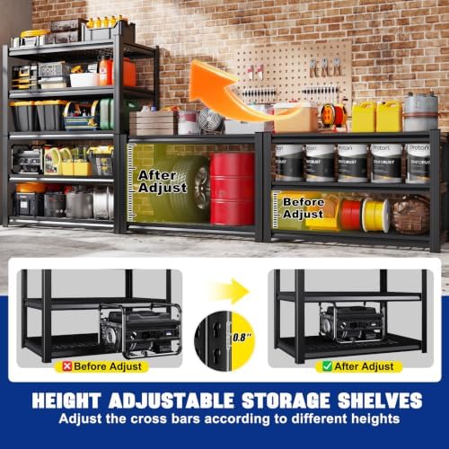 6 Pack Garage Shelving 5-Tier Heavy Duty Storage Shelves, Tool-Free Adjustable Metal Shelf Unit, Utility Organizer Rack for Basement, Pantry, Kitchen, Warehouse, 15.7" Dx35.4 Wx71.2 H, Black