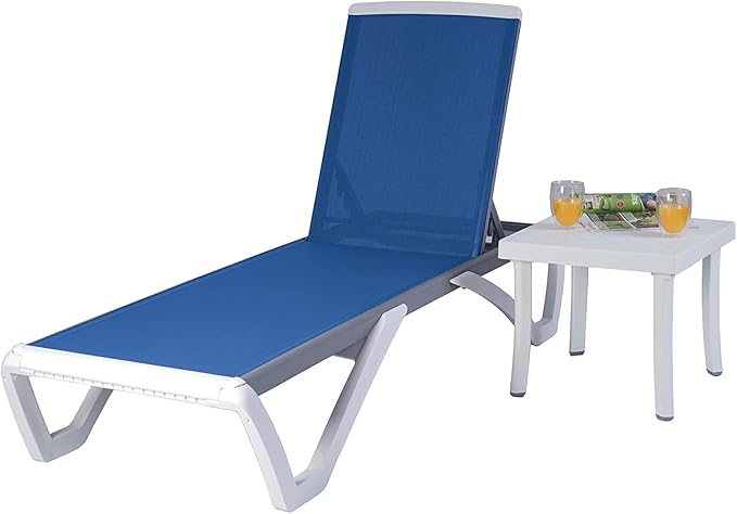 Kozyard Patio Chaise Lounge Chair - Full Flat Alumium & Resin Legs, Outdoor Reclining Adjustable Chair for Sunbathing, Beach, Patio, Lounge Set and Table (Blue Textilence W/Table)