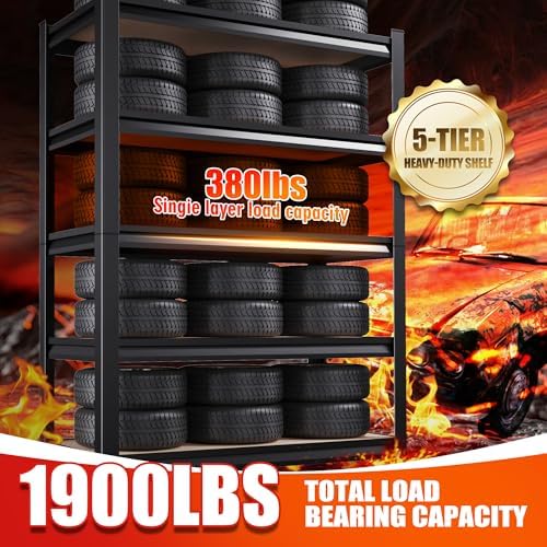6-Pack 5-Tier Heavy Duty Metal Shelving Units, 71" H x 28" W x 12" D, Adjustable Steel Storage Racks for Garage, Warehouse, Industrial, and Home Organization, 1900 lbs Capacity