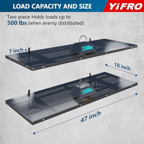 2-Pack 1.5x4ft Heavy Duty Garage Wall Shelving, 500 lbs Load Capacity, Garage Shelving Wall Mounted, Garage Storage Rack with Hooks, Black