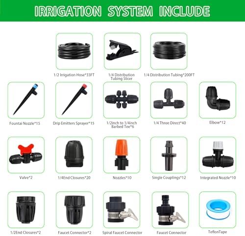 Upgraded Drip Irrigation System, 233FT Automatic Irrigation System, Watering Misting System for Greenhouse/Garden/Yard/Lawn, Micro Drip Irrigation Kit with 1/4 inch 1/2 inch Irrigation Tubing