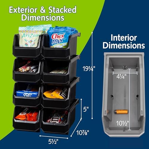 ReadySpace Medium Stackable Plastic Storage Bins, 8-Pack, Black