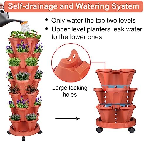 GameXcel Vertical Planter Tower - 7 Tier Stackable Garden Planters with Wheels and Tools Plant Pots for Strawberry Herb Flower and Vegetable Indoor Outdoor Use Red