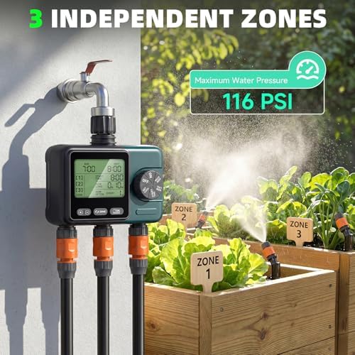 3 Zone Sprinkler Timer,3 Custom Watering Plans Hose Time, IP65 Waterproof, Rain Delay Manual & Automatic Watering with Large LCD for Yard Lawn Outdoor