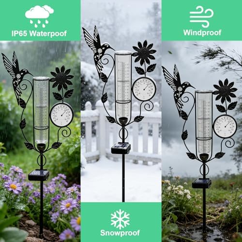 Metal Hummingbird Solar Rain Gauge Outdoor with LED Light and Thermometer