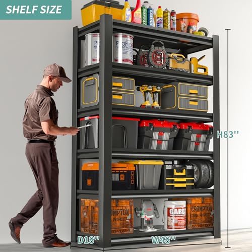 82" H Garage Shelving, 6 Tier Adjustable Heavy Duty Storage Shelves, 2500Lbs Capacity, Powder Coated Metal, Industrial Style, Suitable for Garage, Basement, Workshop