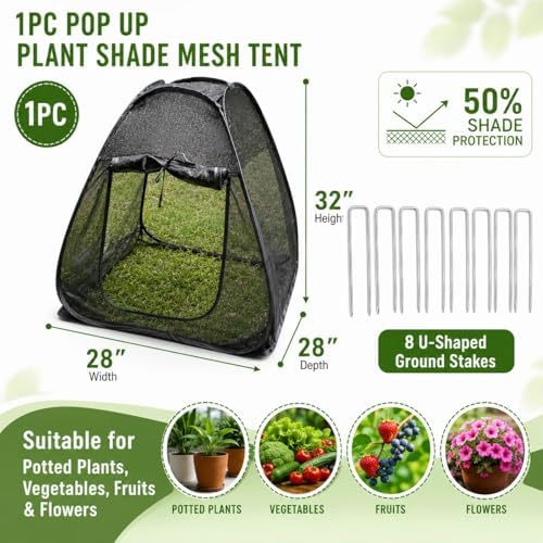 1PC Pop up Plant Shade Tent（28 x 28 x 32 in-50% Shade Mesh Plant Cover with 8 U-Shaped Stakes for Outdoor Plants, Pop up Gardening Net Cover with Zipper Door, Guard Cover for Potted Plants