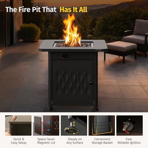 EAST OAK 32" Outdoor Propane Fire Pit Table | 52,000 BTU Gas Fire Pit Table for Outside with Magnetic Lid | Storage Basket & Lava Rocks | CSA Certified for Patio, Garden & Backyard | Black