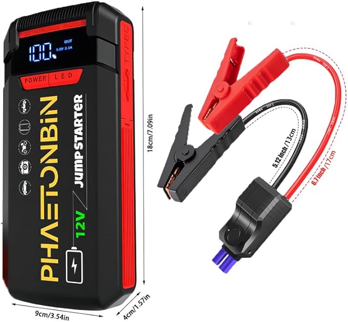 1500A Jump Starter for 7.0L Gas/3.5L Diesel Engine, 12V Car Battery Charger Portable with Jumper Cables,LED Display, LED Light, Power Bank with USB, Type C Port