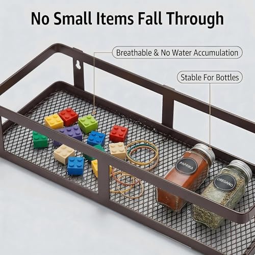 PUSDON 2-Pack Minimalist Shower Caddy Wall Mount, Open Frame Bathroom Shelf Organizer with Mesh Base, Rustproof Floating Spice Rack for Kitchen, Holds 50 LBS, 4 Hooks - Vintage Bronze, Guardrail