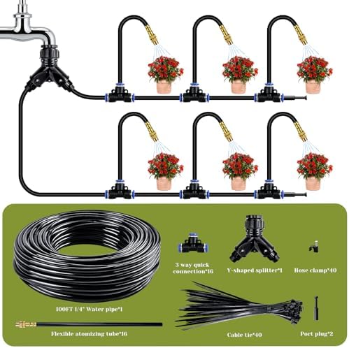 Drip Irrigation System,100 Ft Quick-Connect Garden Sprinkler Kit with 16pcs 360° Adjustable Nozzles for Garden, Lawn, Greenhouse, Raised Beds & Outdoor Plants