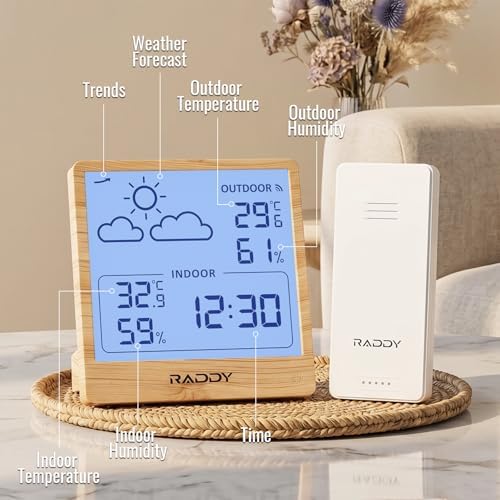 Raddy WF-50T Wireless Weather Station, Light Wood Frame