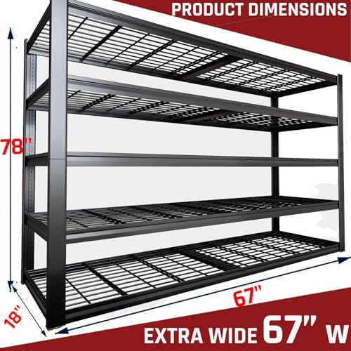 67" W Garage Shelving Heavy Duty, 18" D Garage Shelves, 78" H Adjustable Storage Shelving Unit, 5 Tier Commercial Metal Shelves for Warehouse, Basement, Shop, 67" W x 18" D x 78" H,2 Pack