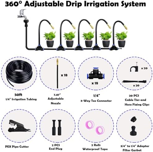 50ft Drip Irrigation System with 18pcs Misting Sprinkler Kit