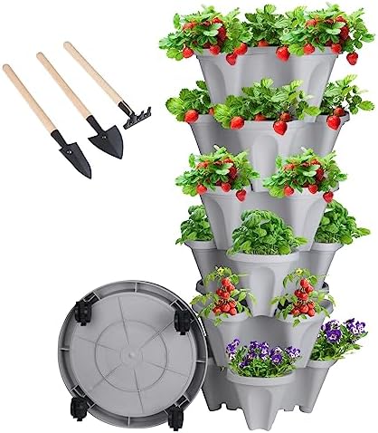 GameXcel Vertical Planter Tower - 6 Tier Stackable Garden Planters with Wheels and Tools Plant Pots for Strawberry Herb Flower and Vegetable Indoor Outdoor Use Gray