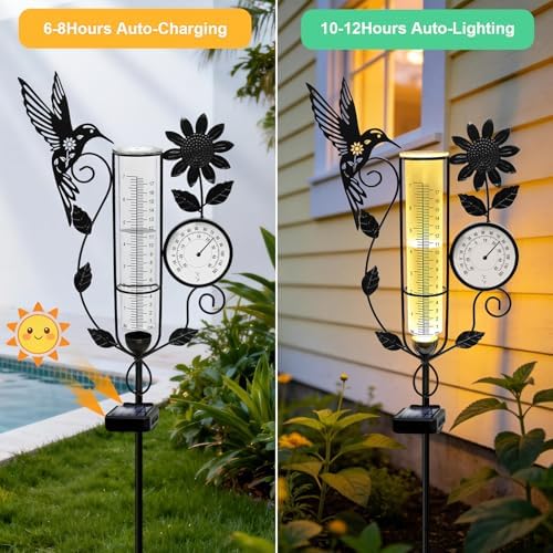 Metal Hummingbird Solar Rain Gauge Outdoor with LED Light and Thermometer