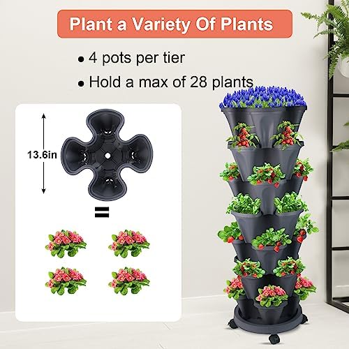 DUNCHATY Stackable Planter, Vertical Garden Planter with Wheels and Tools, Self Watering Strawberry Planter Indoor/Outdoor 7 Tier Herb Planter Pots for Growing Vegetables and Succulents, Dark Gray