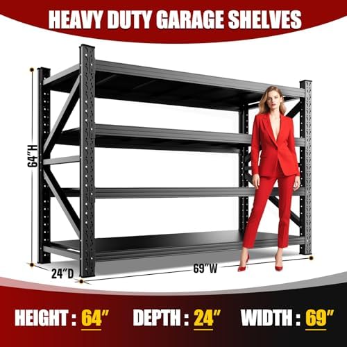 69" W Heavy Duty Metal Garage Shelving, 4-Tier Adjustable Storage Shelves for Garage Storage, Industrial Metal Shelving & Shelves Organizer for Warehouse, Workshop & Home, 69" Wx24 Dx64 H