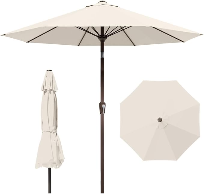 10FT Patio Umbrella Outdoor Market Umbrella with Crank and Tilt, 8 Flexible Fiberglass Ribs, UV-Resistant Waterproof Canopy for Patio, Deck, Garden, Backyard, Creamy White