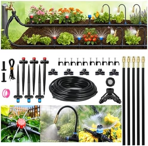 50FT Drip Irrigation System for Starter: Small Garden Quick Connect 1/4" PE Water Tubing Automatic 11Pcs Sprinkler Kit Adjustable Misting Part Watering Hose Outdoor Raised Bed Plants Flower Greenhouse