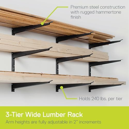Delta Heavy Duty Lumber Storage Rack Cycle, Holds Up to 720 lbs - 3-Tier Wide Wood Storage Rack with Fully Adjustable Arms - Steel Construction Storage Solution for Garage, Basement & Pantry