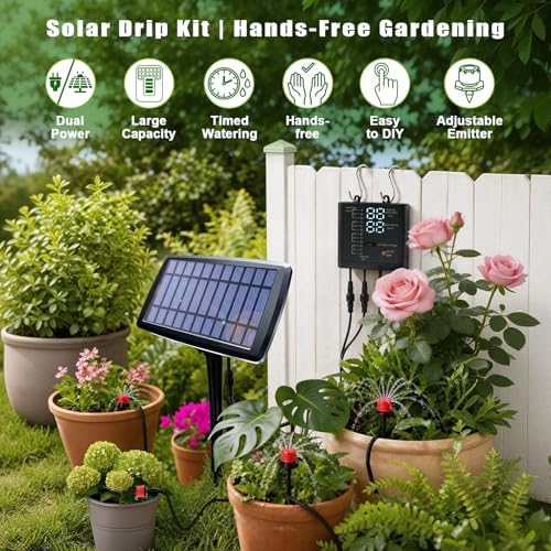 Solar Irrigation System for Garden, Solar Drip Irrigation System Automatic Drip Irrigation Kits with Irrigation Timer, Solar Powered Garden Watering System for Balcony, Vacation Plant Care