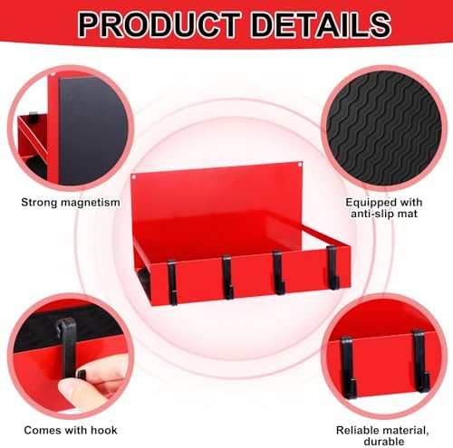 Lineshading 3 Pack Magnetic Garage Organizer with Hook, Fridge Shelf, Red