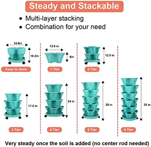 GameXcel Vertical Planter Tower - 6 Tier Stackable Garden Planters with Wheels and Tools Plant Pots for Strawberry Herb Flower and Vegetable Indoor Outdoor Use Teal 2 Pack