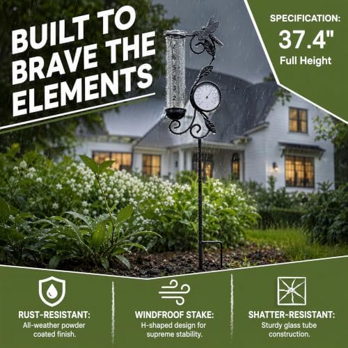 Rain Gauge Outdoor with Thermometer, Dragonfly Metal Garden Stake