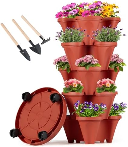 GameXcel Vertical Planter Tower - 5 Tier Stackable Garden Planters with Wheels and Tools Plant Pots for Strawberry Herb Flower and Vegetable Indoor Outdoor Use Red