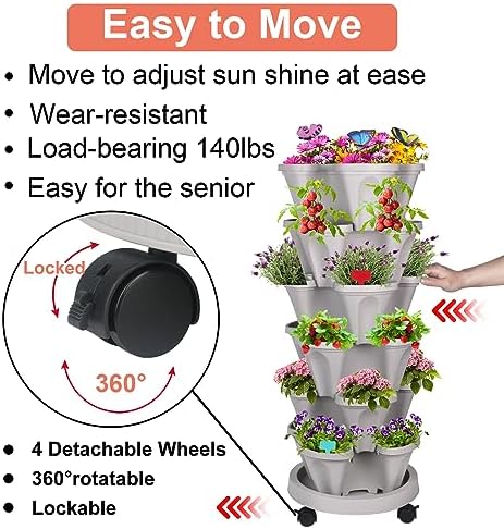 GameXcel Vertical Planter Tower - 6 Tier Stackable Garden Planters with Wheels and Garden Tool Set Plant Pots for Strawberry Herb Flower and Vegetable Indoor Outdoor Use Gray