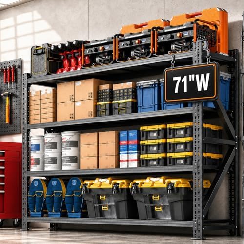 5000LBS Garage Shelving, 71" W Heavy Duty Metal Adjustable 4 Tier Storage for Warehouse, Basement, Shop and Office, Commercial-Grade Industrial Shelving, 71" W x 24" D x 69" H