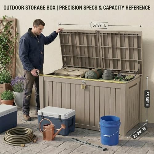 270 Gallon Lockable Resin Outdoor Storage Box, Waterproof & Weather Resistant Deck Box for Patio Cushion, Garden Tools & Pool Accessories, Gray New