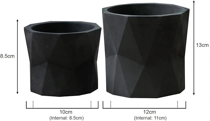 Olly & Rose Designer Geometric Ceramic Black Plant Pot Succulent Pots Cactus Planters Set 2 Indoor Outdoor Small Flower Pot Set Charcoal