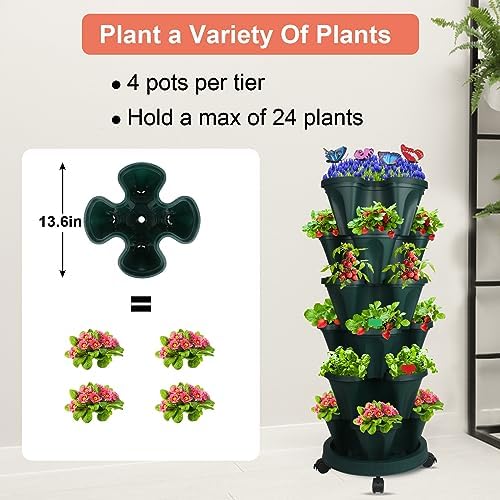 GameXcel Vertical Planter Tower - 6 Tier Stackable Garden Planters with Wheels and Garden Tool Set Plant Pots for Strawberry Herb Flower and Vegetable Indoor Outdoor Use Green