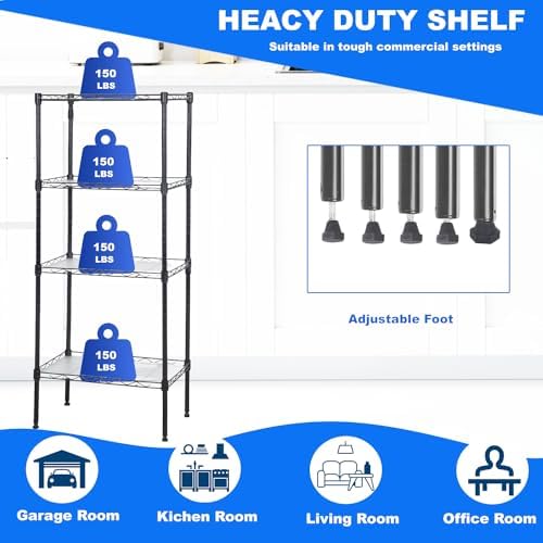 PayLessHere | 4-Tier Wire Shelf | 18"x12"x44" | Black | Adjustable Racks | Heavy-Duty Storage Shelves, Holds Upto 600 lbs | Rust-Resistant, No-Tool Assembly | for Home, Garage Shelving