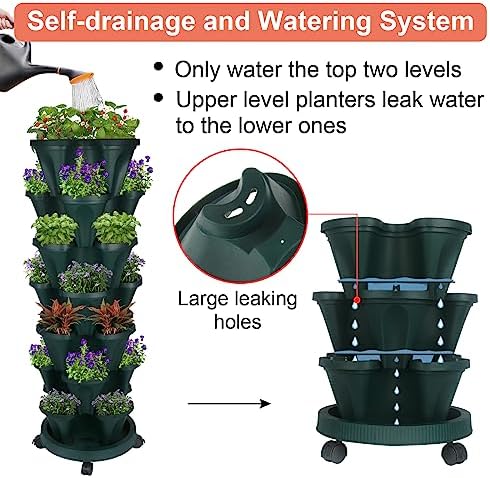 GameXcel Vertical Planter Tower - 7 Tier Stackable Garden Planters with Wheels and Tools Plant Pots for Strawberry Herb Flower and Vegetable Indoor Outdoor Use Green 2 Pack