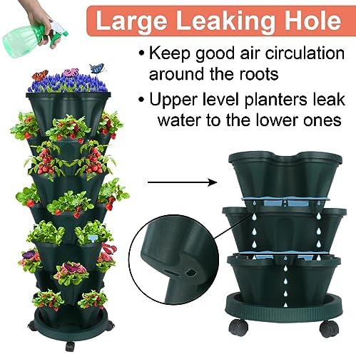 GameXcel Vertical Planter Tower - 7 Tier Stackable Garden Planters with Wheels and Garden Tool Set Plant Pots for Strawberry Herb Flower and Vegetable Indoor Outdoor Use Green