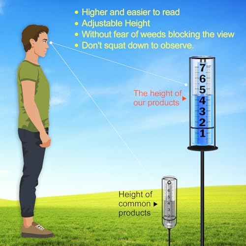 Rain Gauge Outdoor Upgraded, Accurate Freeze Proof Thickened Rain Gauges Outdoors Best Rated, Large Clear Numbers and Adjustable Height Rain Measuring Tool for Garden, Yard, Lawn, Patio, and Farm Use